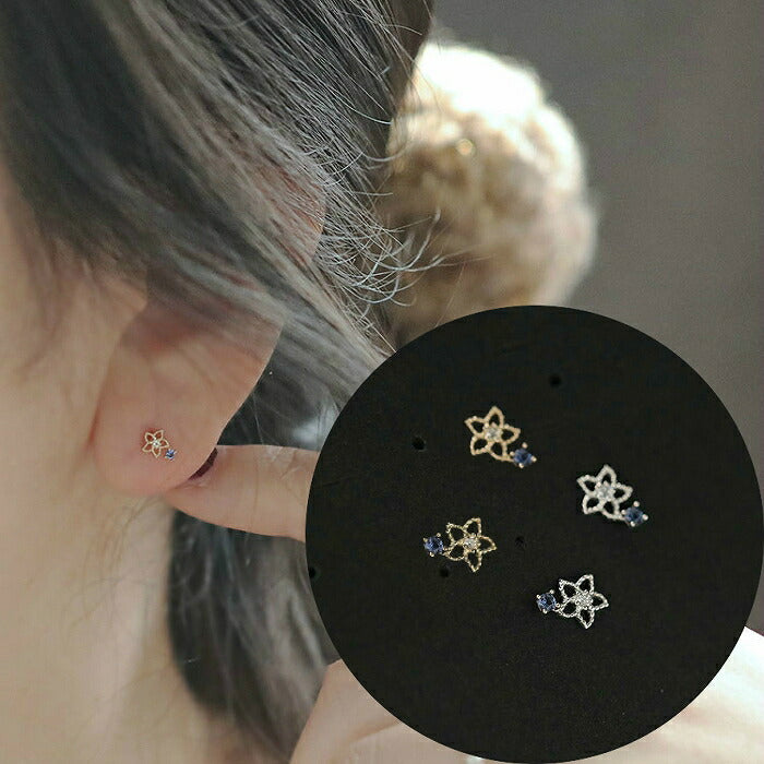 フラワーモチーフミニピアス Silver925 ブルーストーン