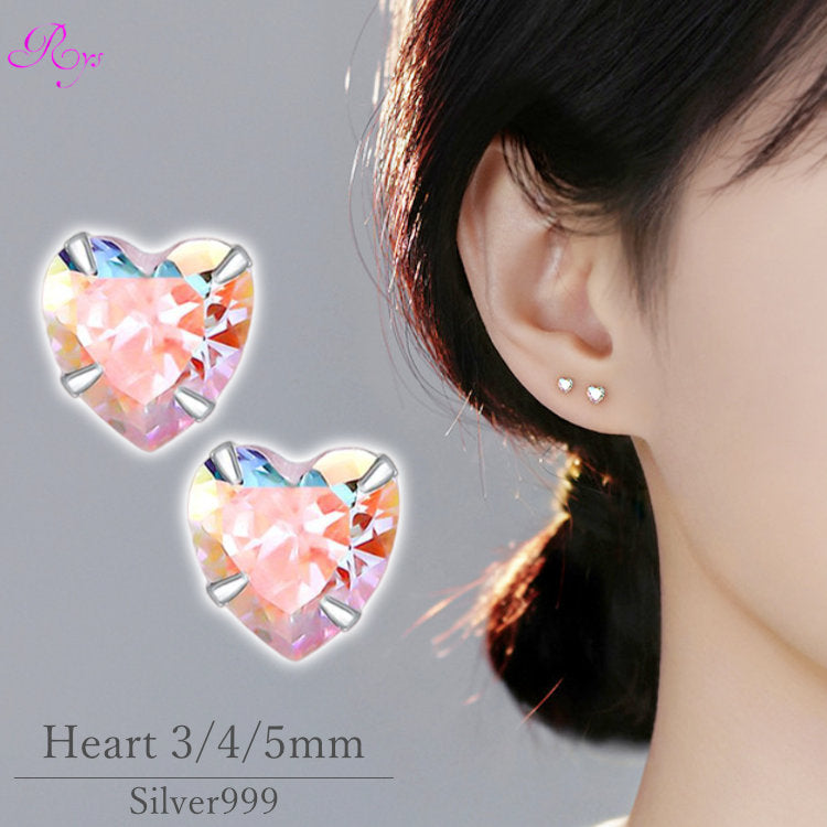一粒ストーンのオーロラハートピアス 小さいピアス 3サイズ 20G シルバー999 3mm 4mm 5mm かわいい レディース ハート 華奢 ミニ 小さい シルバー ピアス