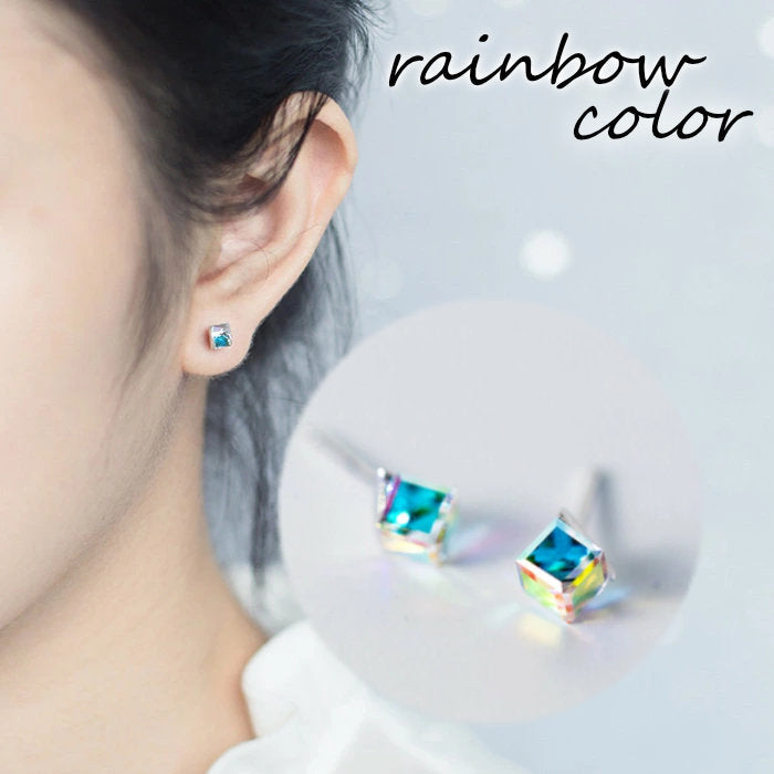 虹色スクエアピアス シンプル Silver925 レディース ピアス シルバー 四角 立方体 アレルギー メンズ レインボー ストーン