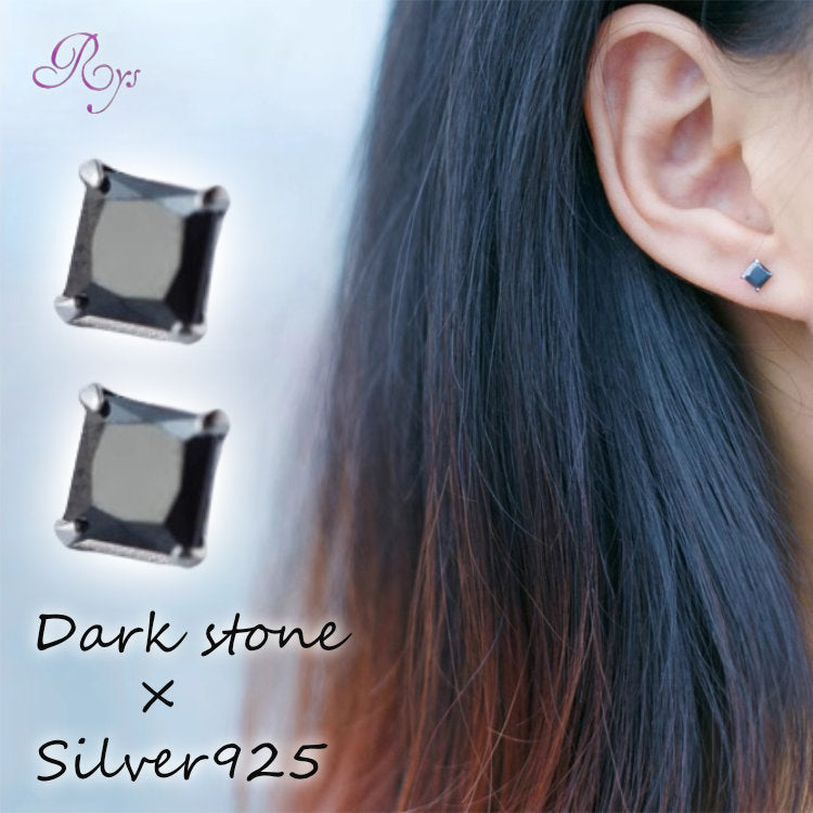 ピアス レディース ブラック メンズ シルバー 925 4mm 小さい スクエア シンプル ブラックストーン Silver925 金属アレルギー アレルギー対応 シルバーピアス シンプルピアス ブラックピアス ダーク