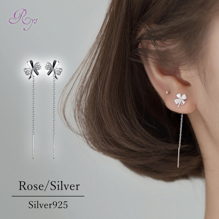 ピアス クローバー チェーン シンプル 軟骨 金属アレルギー シルバー 小さめ ミニ シルバー925 アレルギー対応 20G 四つ葉のクローバー キュービックジルコニア シンプルピアス セカンドピアス 軟骨ピアス アレルギー対応ピアス 仕事