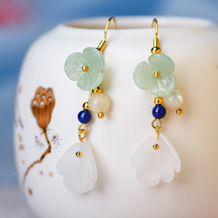 ピアス 花 フラワー ゴールド フック 小さい 淡水パール グリーンメノウ 中国風 20G 仕事用 揺れる シンプルピアス ゆらゆら フックピアス