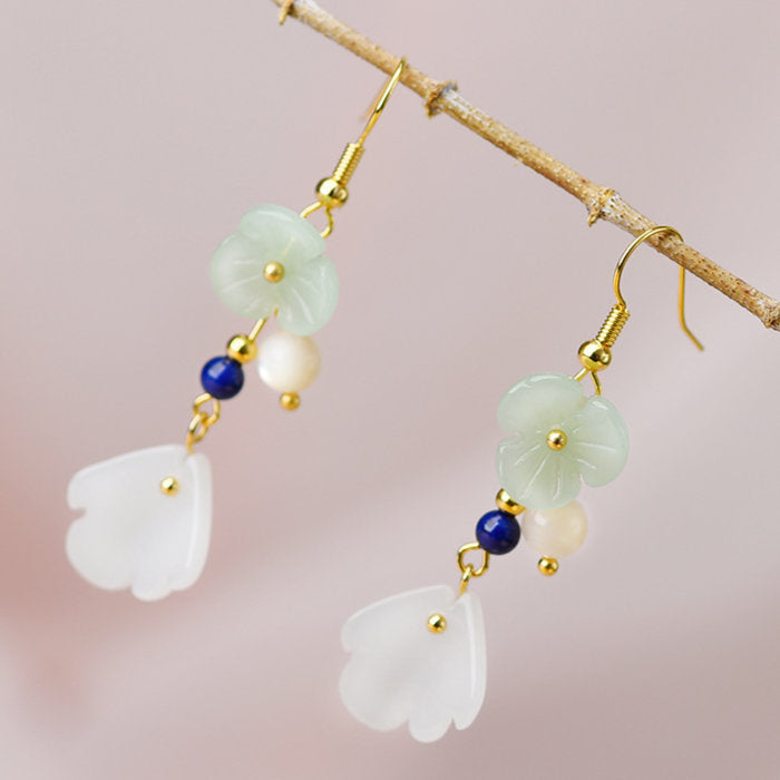 ピアス 花 フラワー ゴールド フック 小さい 淡水パール グリーンメノウ 中国風 20G 仕事用 揺れる シンプルピアス ゆらゆら フックピアス