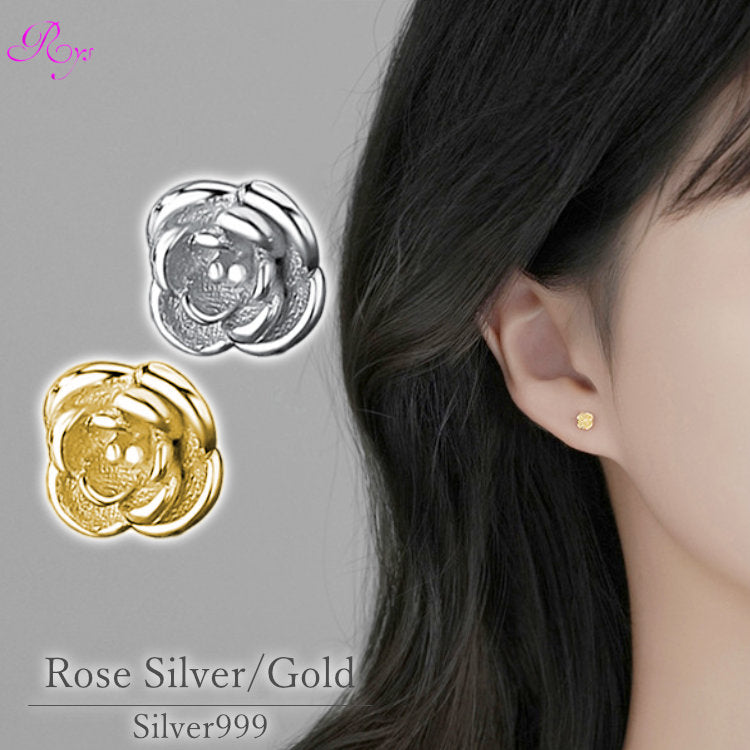 金銀薔薇の花ピアス 20G 薔薇 バラ シルバー ゴールド シルバー999 金属アレルギー レディース 女性 大人 高見え 上品 仕事用 花 フラワー ばら