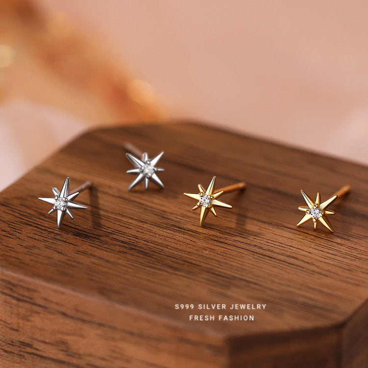 八芒星ピアス 八角星 スター 星 シルバー999 20G シルバー ゴールド キュービックジルコニア 一粒ジュエリー 神秘 オクタグラム 調和 金属アレルギー