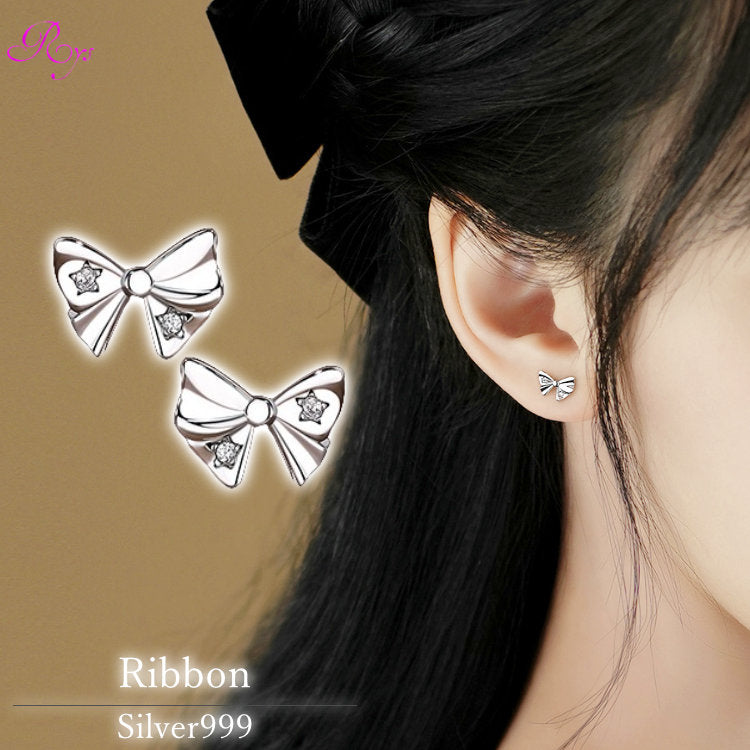 リボンのピアス シルバー999 キュービックジルコニア アレルギー対応 20G シルバー リボン ピアス 両耳 レディース 女性 かわいい 20代 30代 40代 50代 華奢