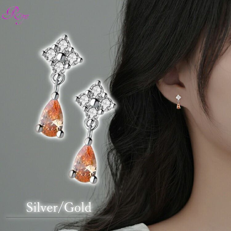 夕焼けドロップピアス キュービックジルコニア ピアス 揺れるピアス 20G 夕日 オレンジ シルバー ゴールド レディース 女性 小さいピアス かわいい