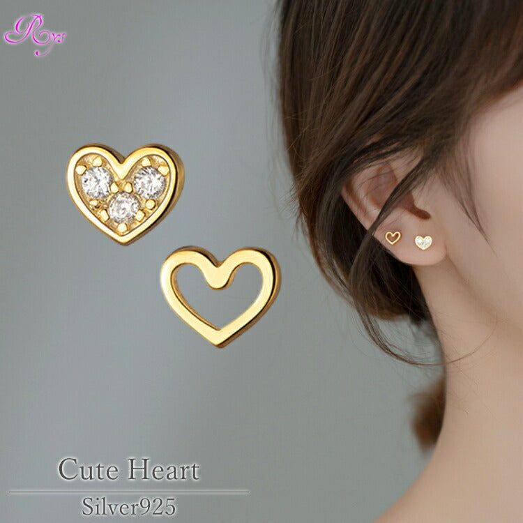 左右非対称のジルコニアハートピアス キュービックジルコニア シルバー925 ハートのピアス アレルギー対応 シルバー ゴールド ローズ 左右非対称 レディース かわいい キュート