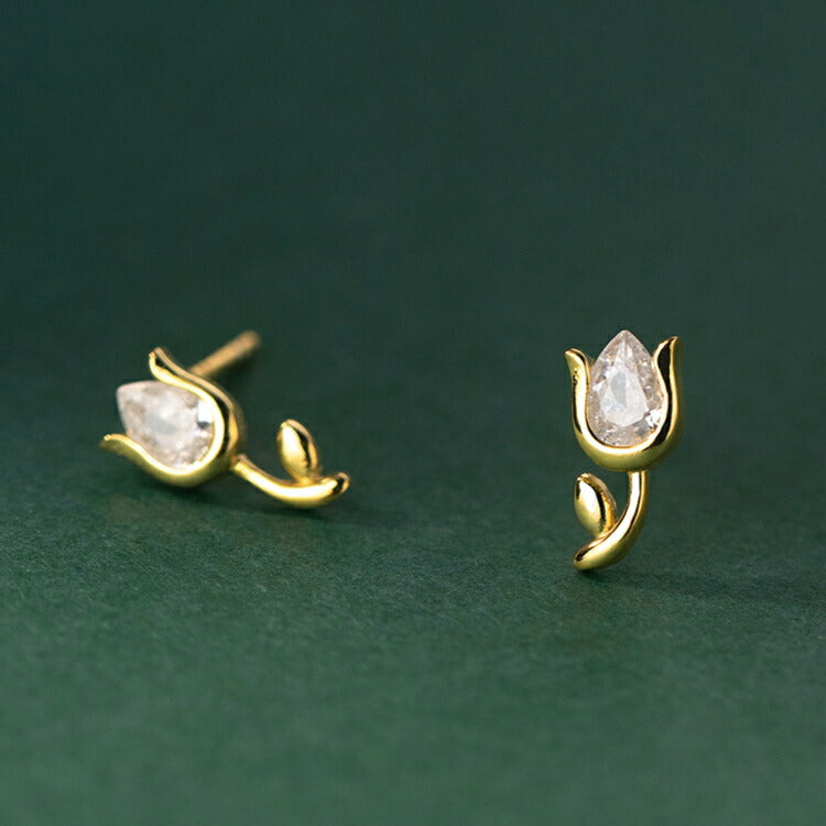 一粒ストーンのチューリップピアス シルバー925 アレルギー対応 一輪 花 フラワー ピアス シンプル キュービックジルコニア レディース 女性 チューリップ