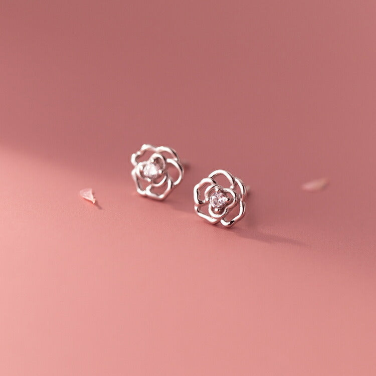 【バラモチーフの一粒ストーンピアス】 シルバー925 ピアス 薔薇 ローズ バラ キュービックジルコニア 金属アレルギー対応 シルバー レディース 一粒ジュエリー 20G 7mm