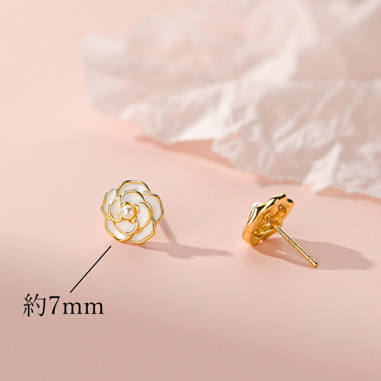 【カメリアの一粒パールピアス】 シルバー925 淡水パール ピアス フラワー 花 カメリア サザンカ 山茶花 椿 ツバキ 金属アレルギー対応 レディース 女性 お花 ホワイト ゴールド シルバー