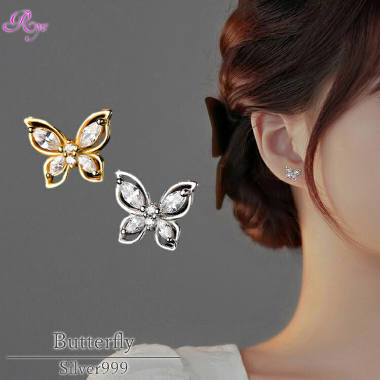 蝶々ピアス キュービックジルコニア シルバー999 純銀 ピアス 蝶々 ちょうちょ バタフライ レディース 女性 シンプル 小さめ シルバー ゴールド