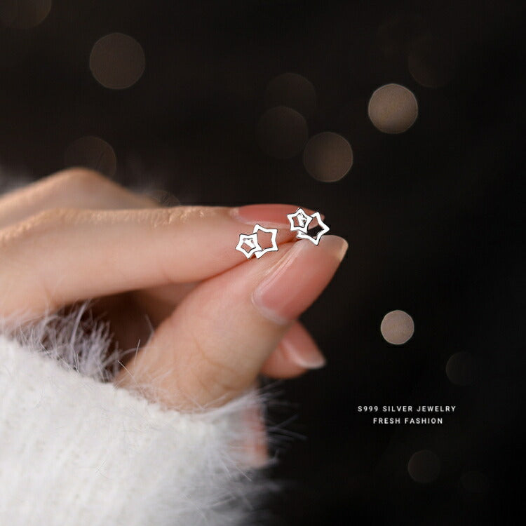 【ダブルスターピアス】 シルバー999 純銀 ピアス 金属アレルギー対応 星 スター 2つ星 20G スタッドピアス シンプル 小さい レディース メンズ 流星 流れ星 シルバー プラチナホワイト