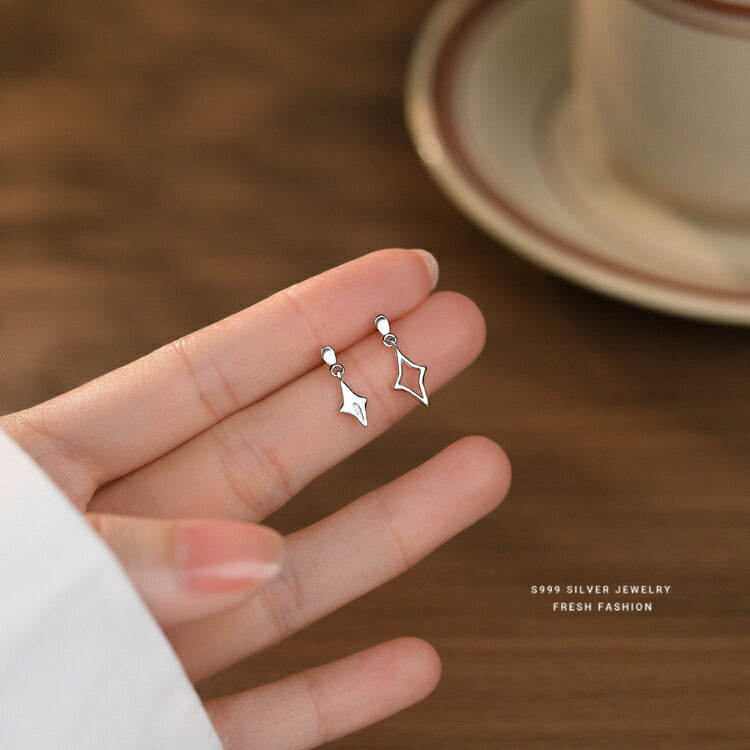 【四芒星形のシルバーピアス】 ひし形 ピアス 星 金属アレルギー対応 四芒星 スター 左右非対称 シルバー999 20G メンズ レディース 女性 男性 シンプル かわいい かっこいい
