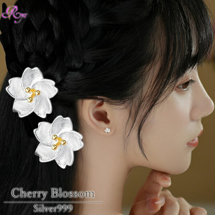 【桜モチーフのシルバーピアス】 シルバー999 金属アレルギー対応 ピアス 桜 さくら チェリーブロッサム シルバー レディース 女性 春 デザイン シンプル