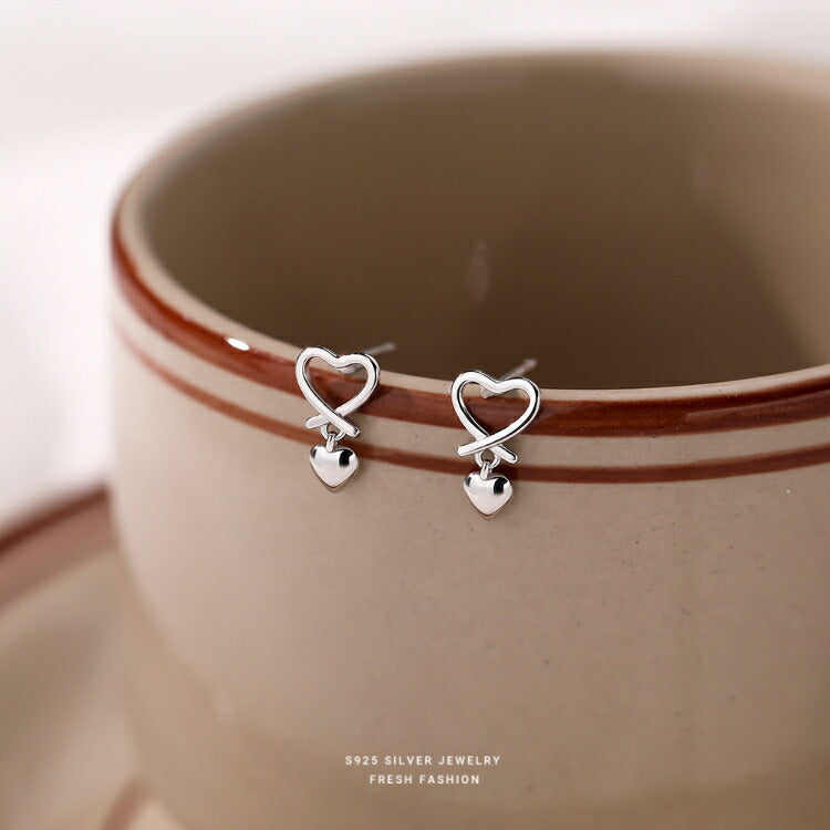 【揺れるWハートピアス】 シルバー925 ピアス 金属アレルギー対応 揺れる ハート シンプル ガーリー かわいい レディース シルバー ゆらゆら 韓国ファッション