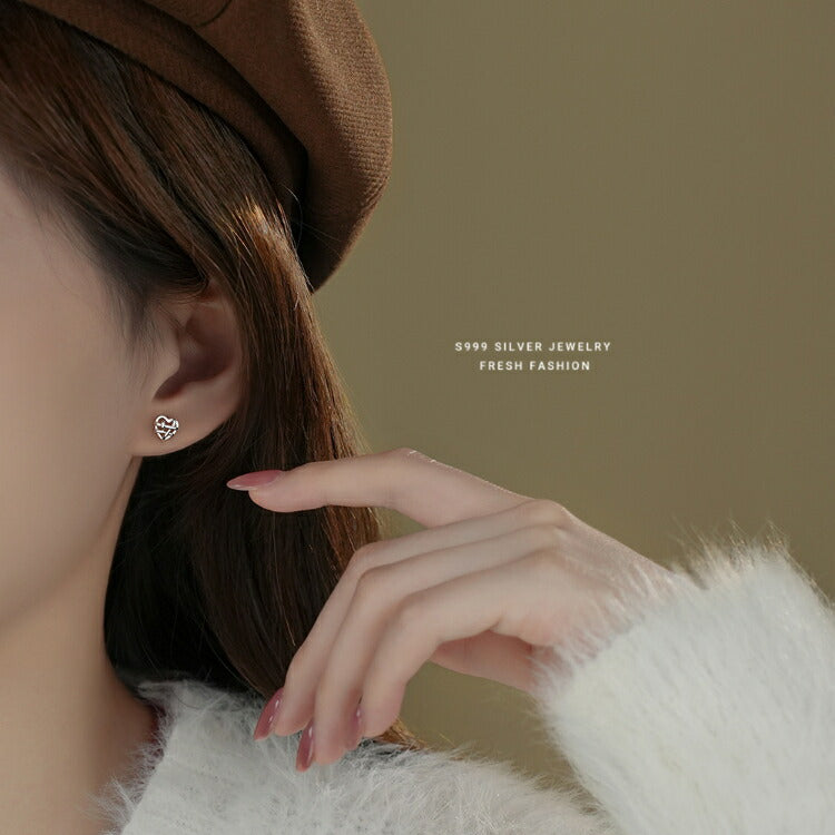 【編み込みハートのシルバーピアス】 シルバー999 ピアス ハート 愛心 シンプル かわいい ハートのピアス レディース 女性 キュート s999 20G 韓国ファッション