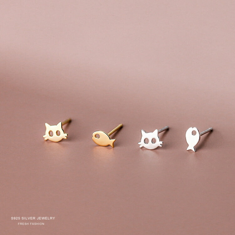 【お魚くわえてない猫ピアス】 ねこ ピアス シルバー925 猫 魚 猫モチーフ シルバー 金属アレルギー対応 ゴールド かわいい 動物 面白い どら猫 左右非対称