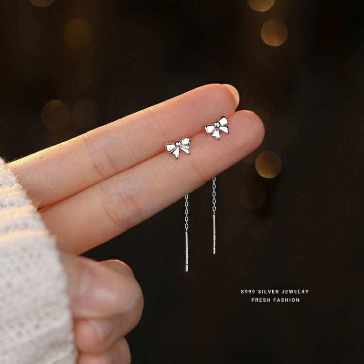 【リボンモチーフのチェーンピアス】 シルバー999 チェーンピアス シンプル リボン ピアス 金属アレルギー対応 チェーン レディース 女性 かわいい