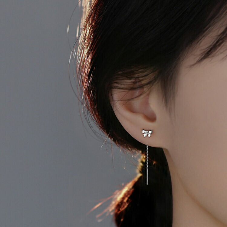 【リボンモチーフのチェーンピアス】 シルバー999 チェーンピアス シンプル リボン ピアス 金属アレルギー対応 チェーン レディース 女性 かわいい