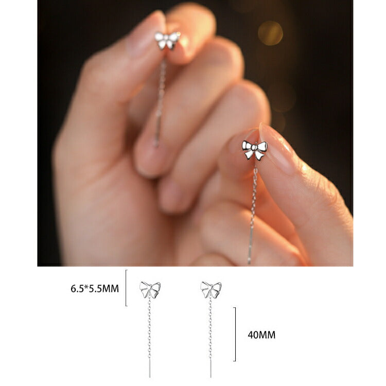 【リボンモチーフのチェーンピアス】 シルバー999 チェーンピアス シンプル リボン ピアス 金属アレルギー対応 チェーン レディース 女性 かわいい