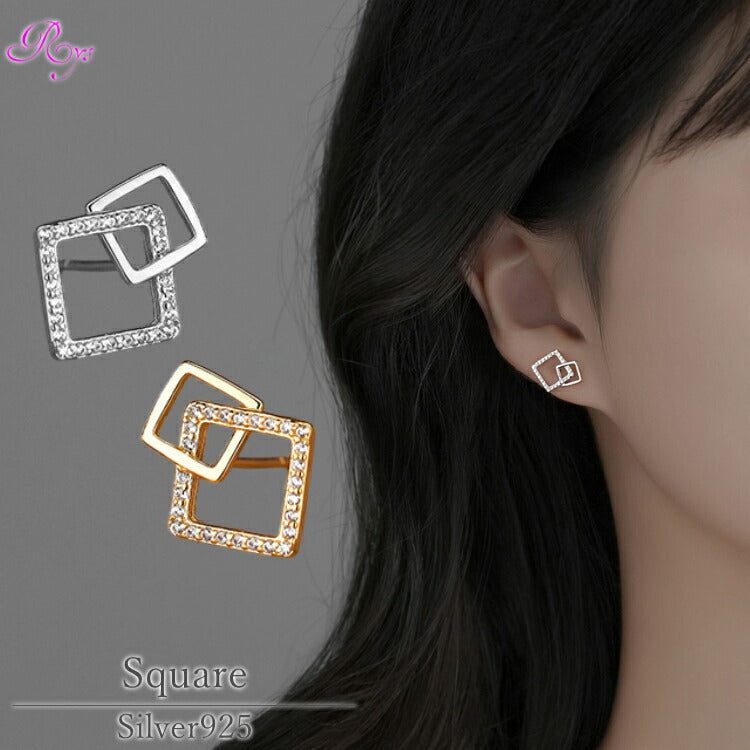 【キュービックジルコニアのスクエアピアス】 シルバー925 ピアス スクエア キュービックジルコニア 金属アレルギー対応 リッチ 大人 女性 四角 レディース シルバー ゴールド