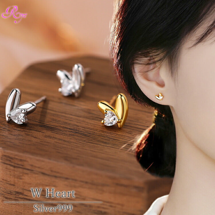 【Wハートのシルバーピアス】 キュービックジルコニア ピアス シンプル ハート 愛心 シルバー999 金属アレルギー対応 かわいい レディース 女性 シルバー ゴールド