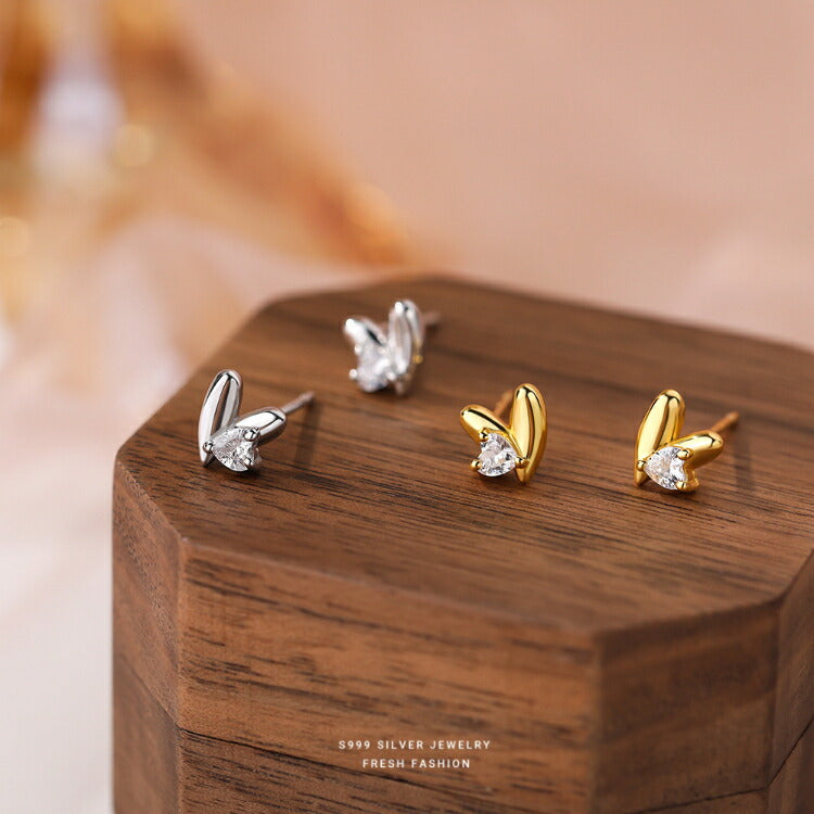 【Wハートのシルバーピアス】 キュービックジルコニア ピアス シンプル ハート 愛心 シルバー999 金属アレルギー対応 かわいい レディース 女性 シルバー ゴールド