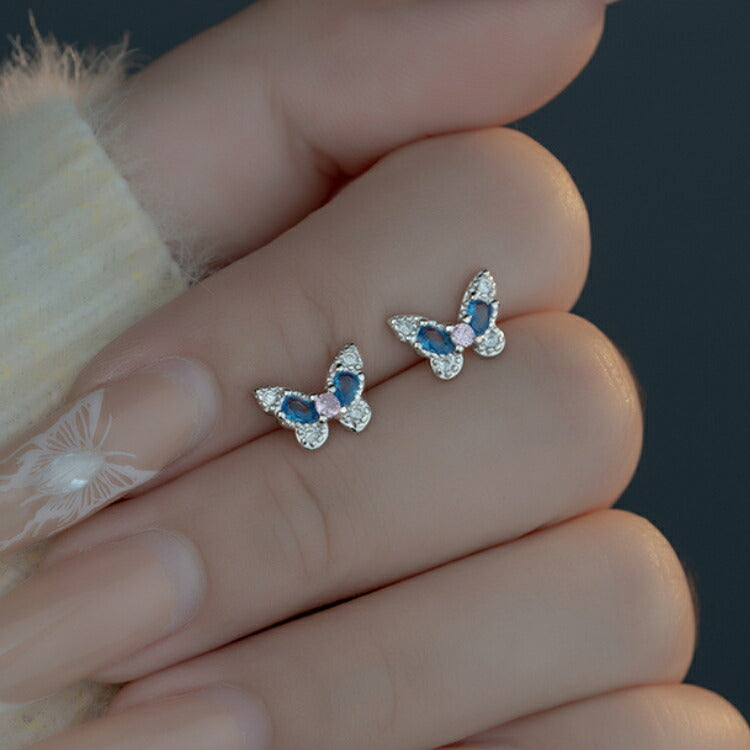 【ブルーとピンクのコントラストが可愛い蝶々ピアス】 キュービックジルコニア ピアス ブルー ピンク ちょうちょ レディース 女性 バタフライ 20G ペア