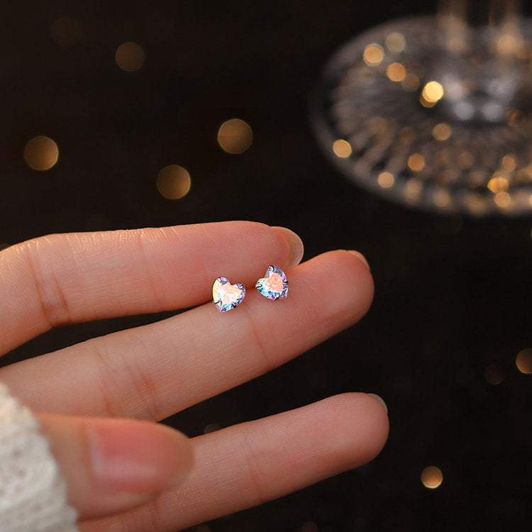 一粒ストーンのオーロラハートピアス 小さいピアス 3サイズ 20G シルバー999 3mm 4mm 5mm かわいい レディース ハート 華奢 ミニ 小さい シルバー ピアス