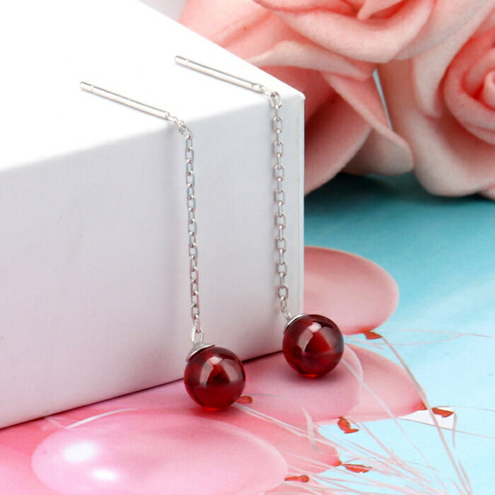ピアス シルバー レディース チェーン Silver925 ペア 両耳 1組 2本入 ガーネット 水晶石 シンプルピアス 揺れる ゆらゆら ぶらぶら 上品 カジュアル フォーマル  シルバーピアス 結婚式