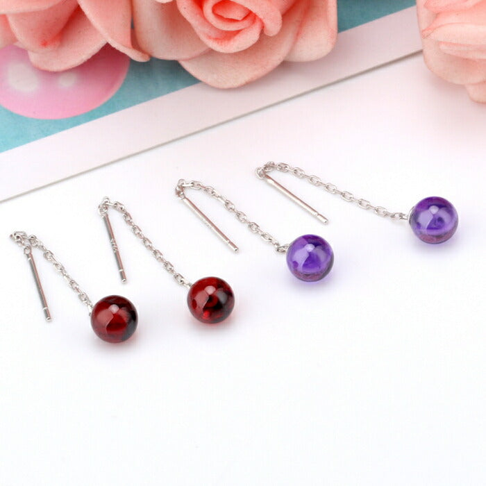 ピアス シルバー レディース チェーン Silver925 ペア 両耳 1組 2本入 ガーネット 水晶石 シンプルピアス 揺れる ゆらゆら ぶらぶら 上品 カジュアル フォーマル  シルバーピアス 結婚式