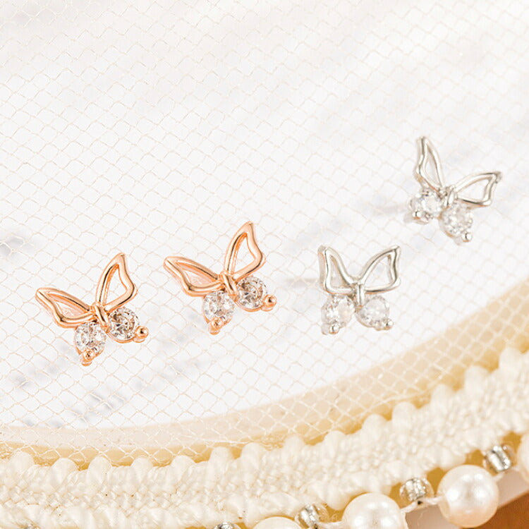 【キュービックジルコニアの輝く2つのストーンが可愛い蝶々ピアス】 シルバー ゴールド ローズ レディース ちょうちょ ピアス 女性 ワンポイント 20G ペア
