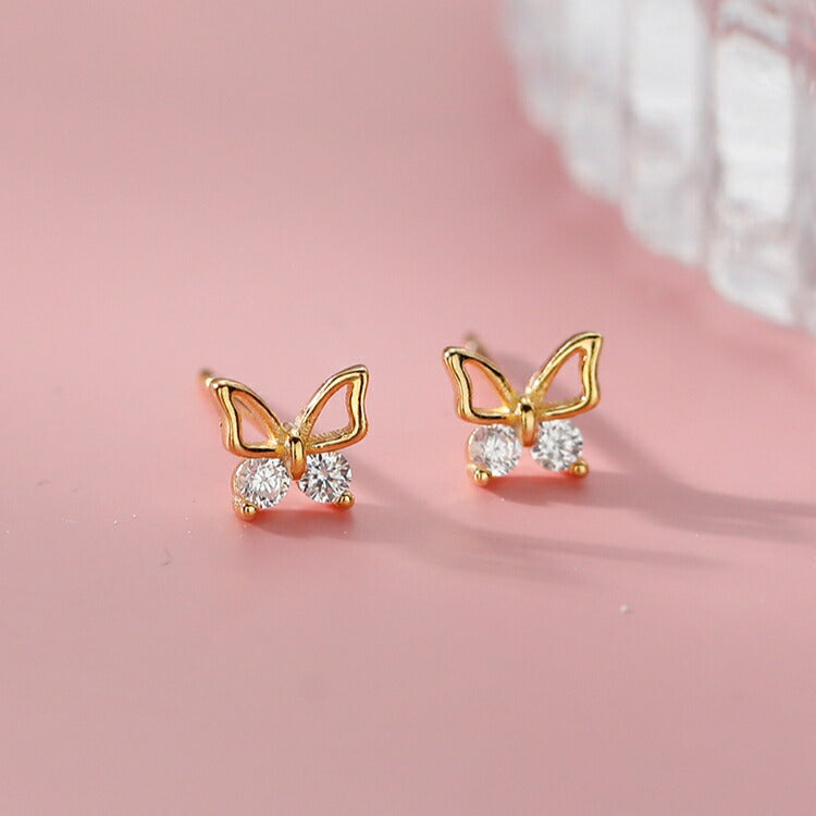【キュービックジルコニアの輝く2つのストーンが可愛い蝶々ピアス】 シルバー ゴールド ローズ レディース ちょうちょ ピアス 女性 ワンポイント 20G ペア