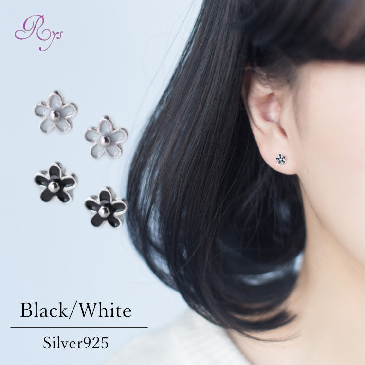 ピアス フラワー 花 ブラック ホワイト シンプル 軟骨 金属アレルギー シルバー 小さめ ミニ シルバー925 アレルギー対応 20G 小さいピアス フラワーピアス 花ピアス シンプルピアス セカンドピアス 軟骨ピアス アレルギー対応ピアス 仕事