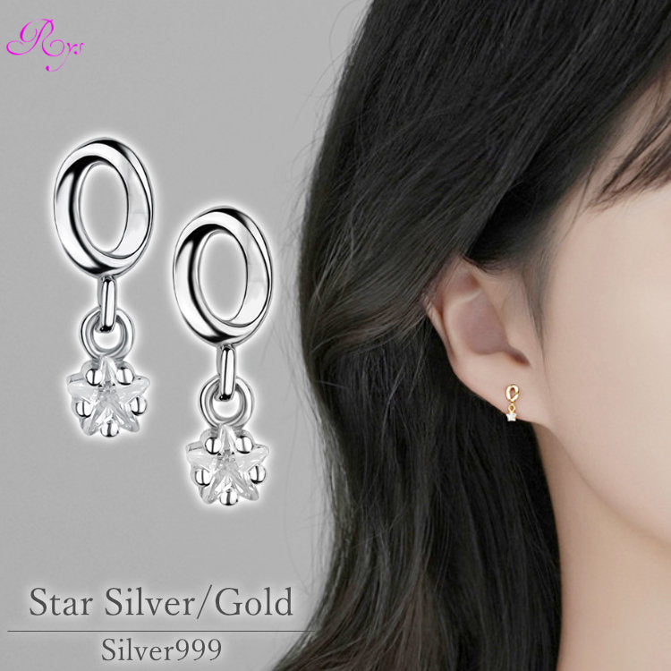 揺れるリングスターピアス スタッドピアス 小さいピアス シルバー ゴールド 星 シルバー999 金属アレルギー レディース 女性 小さい ピアス