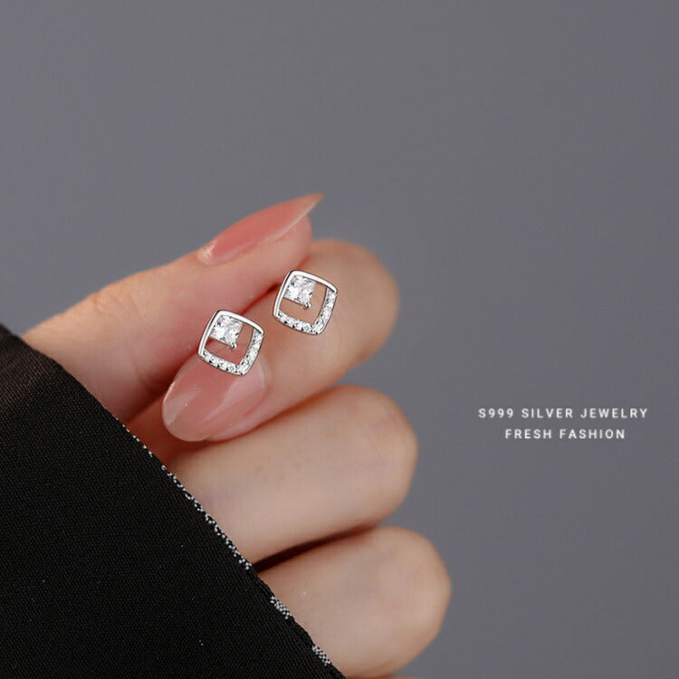 スクエアピアス キュービックジルコニア シルバー999 シンプル 20G 大人 レディース 女性 ピアス シルバー 小さいピアス スクエア 四角