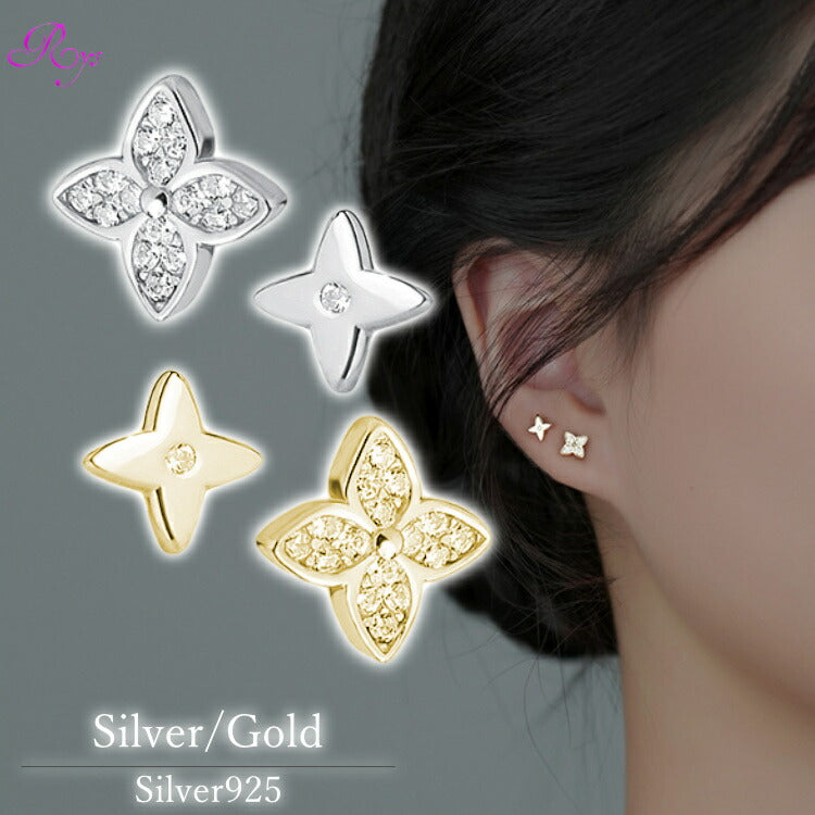 四葉のピアス クローバー シルバー ゴールド ピアス キュービックジルコニア シルバー925 左右非対称 20G シンプル かわいい 女性 レディース 草 花 フラワー