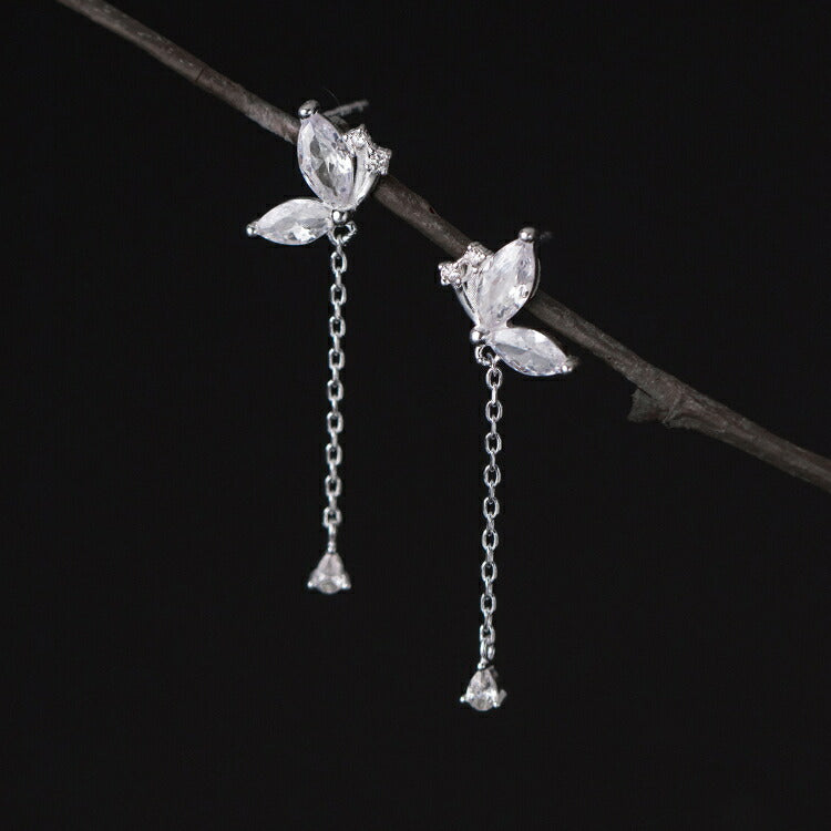 ゆらゆら蝶々ピアス シルバー925 チェーン 金属アレルギー ちょうちょ ピアス シンプル キュービックジルコニア シルバー ローズ レディース ゆれる ゆらゆら ぶらぶら