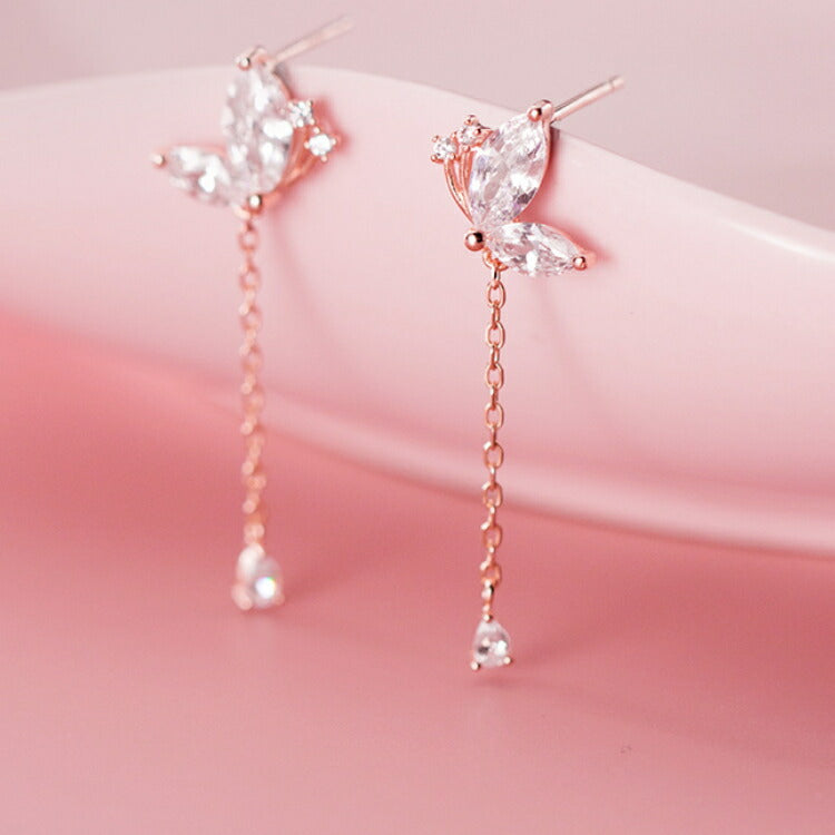ゆらゆら蝶々ピアス シルバー925 チェーン 金属アレルギー ちょうちょ ピアス シンプル キュービックジルコニア シルバー ローズ レディース ゆれる ゆらゆら ぶらぶら