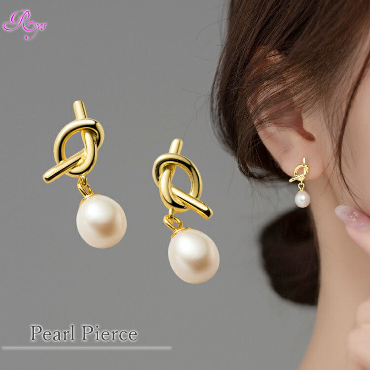 結びと雫のパールピアス 淡水パール ピアス 結び目 水滴 ドロップ シンプル シルバー ゴールド レディース 女性 かわいい 水