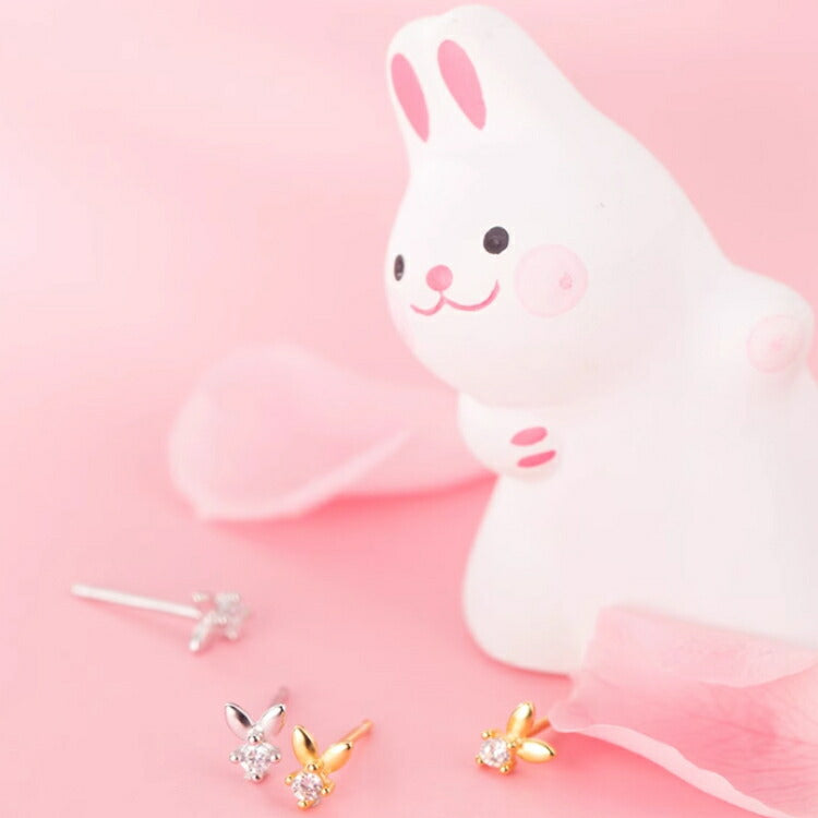 【一粒ストーンのうさぎピアス】 キュービックジルコニア シルバー925 ピアス アレルギー対応 シルバー ゴールド うさぎ 兎 ラビット 小さい シンプル ミニ