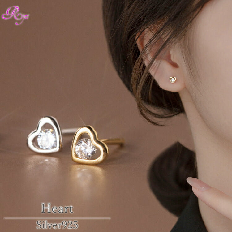 【一粒ストーンのハートピアス】 シルバー925 キュービックジルコニア ハート ピアス シンプル シルバー ゴールド レディース 女性 カジュアル 小さい 小さめ つけっぱなし アレルギー対応 金属アレルギー