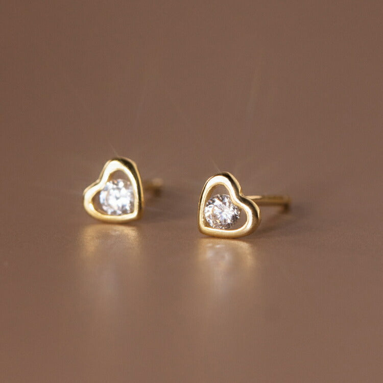 【一粒ストーンのハートピアス】 シルバー925 キュービックジルコニア ハート ピアス シンプル シルバー ゴールド レディース 女性 カジュアル 小さい 小さめ つけっぱなし アレルギー対応 金属アレルギー