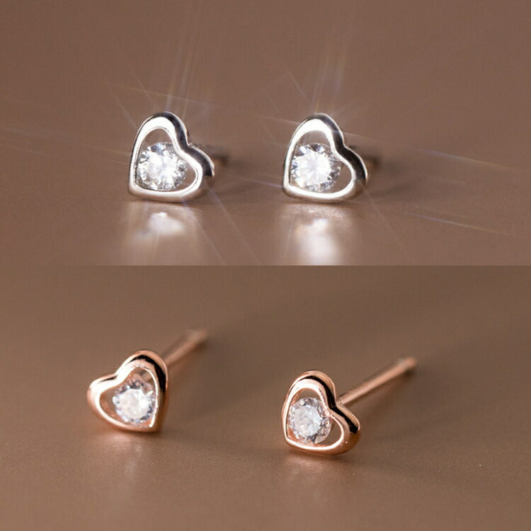 【一粒ストーンのハートピアス】 シルバー925 キュービックジルコニア ハート ピアス シンプル シルバー ゴールド レディース 女性 カジュアル 小さい 小さめ つけっぱなし アレルギー対応 金属アレルギー