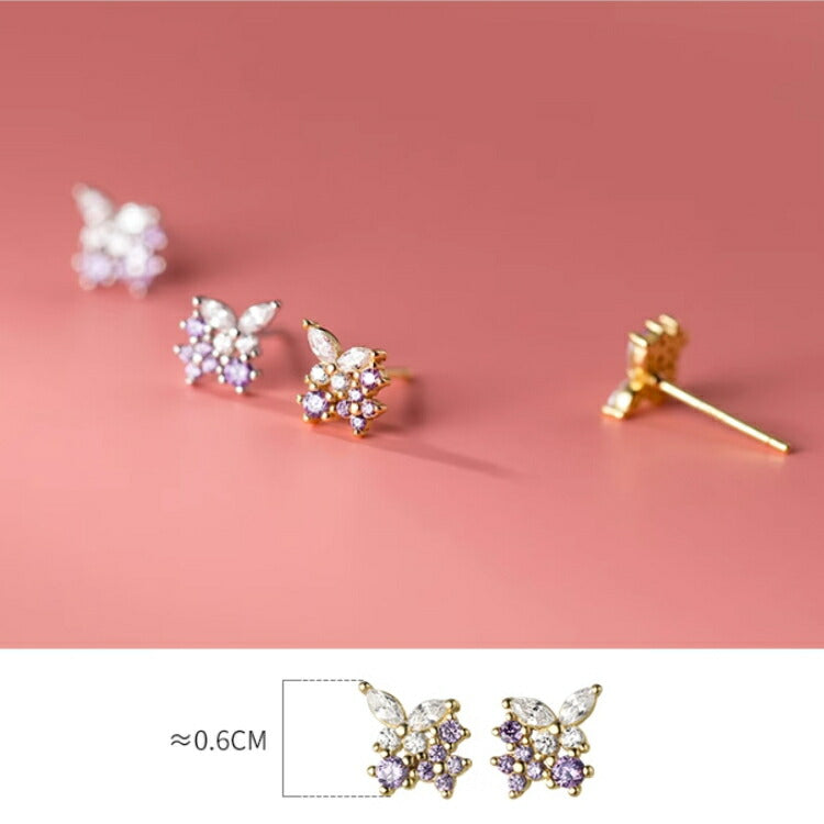 【リッチな蝶とキュービックジルコニアピアス】 蝶々 ピアス キュービックジルコニア シルバー925 アレルギー対応 ちょうちょ シルバー ゴールド パープル ストーン