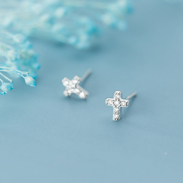 【キュービックジルコニアの十字架ピアス】 シルバー925 ピアス 十字架 金属アレルギー対応 キュービックジルコニア シルバー ゴールド シンプル レディース メンズ 十文字 クロス