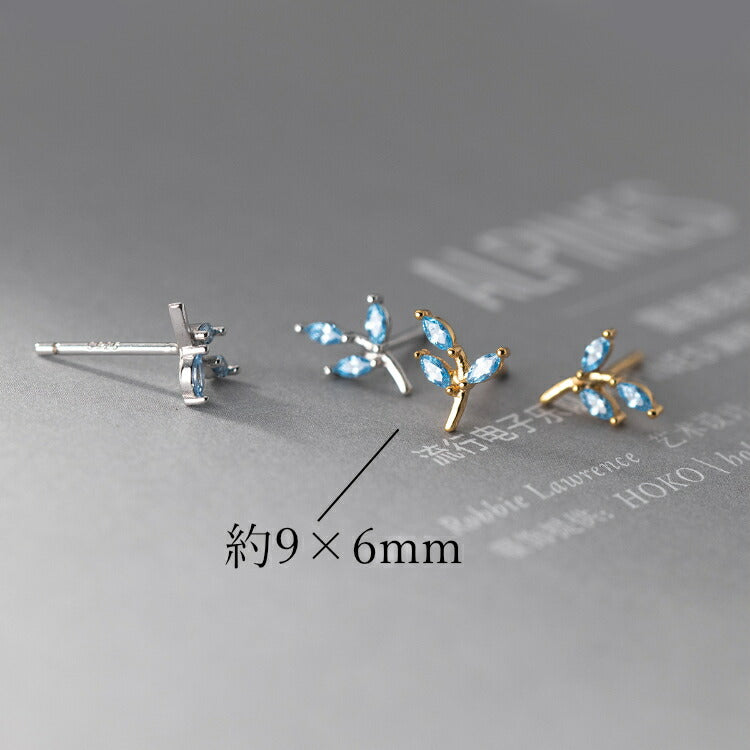 【新緑のリーフピアス】 シルバー925 ピアス キュービックジルコニア 葉っぱ はっぱ リーフ シルバー ゴールド ブルーストーン 幻想的 小枝 新緑