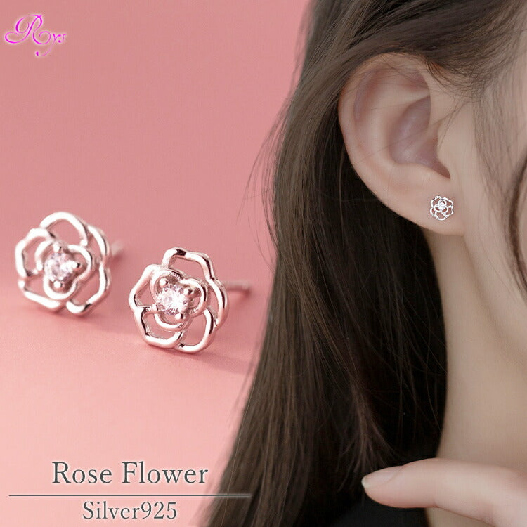 【バラモチーフの一粒ストーンピアス】 シルバー925 ピアス 薔薇 ローズ バラ キュービックジルコニア 金属アレルギー対応 シルバー レディース 一粒ジュエリー 20G 7mm