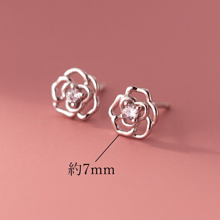 【バラモチーフの一粒ストーンピアス】 シルバー925 ピアス 薔薇 ローズ バラ キュービックジルコニア 金属アレルギー対応 シルバー レディース 一粒ジュエリー 20G 7mm